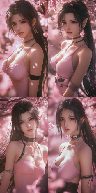蒂法女神完美艺术品，三分构图，8k cg，幻想风场景，暖光，特写镜头，优雅姿态，粉色系，梦幻氛围。