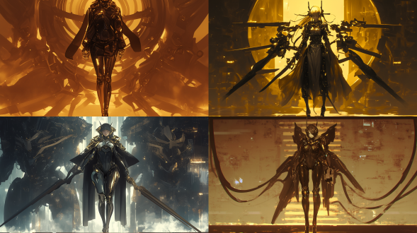 成熟御姐穿青铜机甲大长腿霸气站立，三分构图，科幻环境，冷调，长焦逆光，金属质感，英气。