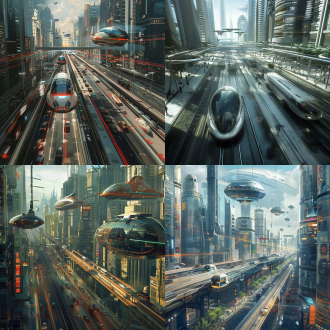 未来科技感满满的城市，各种低空飞行器再低空繁忙穿梭，道路上各种自动驾驶的新能源汽车如车水马龙般疾速行驶，远处高铁动车交织着在各自奔驰，人们坐在办公大楼里谋划着一切。