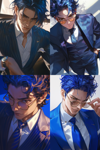 帅气青年，西装，金边眼镜，冷笑，尖牙，病娇，深蓝发，大背头，魅力棕眼，动漫美学，面部细节，眼睛细节，角色肖像，超高质量，俯视角度，摄影风格，电影氛围，柔和光线，自然色彩，细腻之感，电影光效，艺术杰作，清晰面部，精细cg，8k