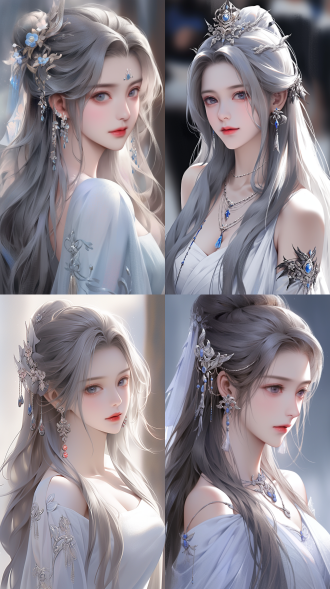 一位美丽的中国美女，银色的长发，两侧两缕头发自然垂落胸前，带有蓝宝石的银色发簪，蓝宝石耳坠，立体五官，完美下颚线，红红的樱桃小嘴，淡蓝色的眼球，高鼻梁，完美脸型，银色配饰的白色纱状抹胸连衣裙，身材饱满，银色项链 ，影视逼真现实效果，cg人物，赛博朋克风格
