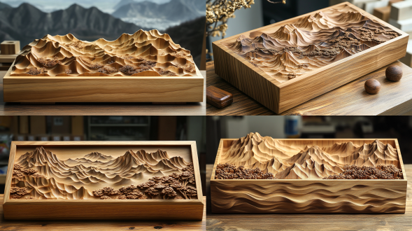 沉香长方形包装盒，木色系，黎锦与山元素，木雕工艺，居中构图，暖光，棕色系，凸显黎族文化。 木制 正视