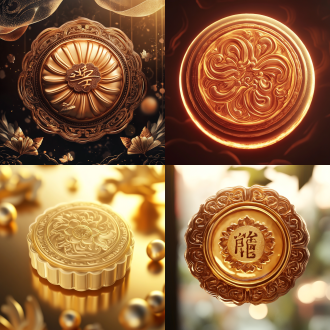 月饼logo，居中构图，复古风格，中式环境，微距镜头，暖光，金色元素，色彩鲜艳，典雅，喜庆。