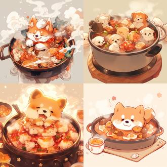 帮我画一个在吃火锅的可爱小狗