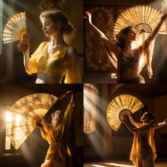 人物挥动折扇，动感姿态，三分法构图，古风室内，暖黄调，长焦镜头，侧逆光，快速动作，潇洒神态。