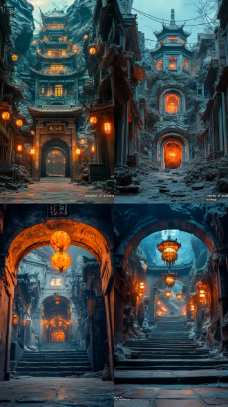 一片在地下的古代中国式“建筑群”，残破不堪，阴森诡异夜晚，中国传说中的地狱，中国古风，8k高清，超广角