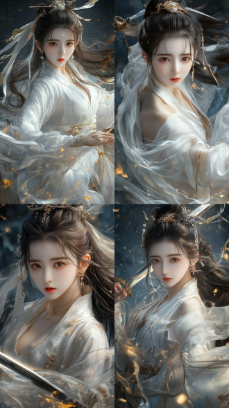 中国古代服饰女子，御剑飞行，玄幻世界，宇宙主角，美貌，女战神，施展魔法阵，超高清，超现实，长焦镜头，逆光，动态模糊，神秘，深蓝背景，金色光芒，专注表情。