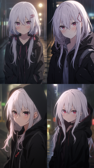 as night falls, a white-haired, red-eyed girl, yukinoshita yukino i (my teen romantic comedy snafu), with a sad expression, stands on the snc anime style, anime aesthetics, dark atmosphere, detailed background, frontal view, symmetrical composition, delicate features, high resolutio