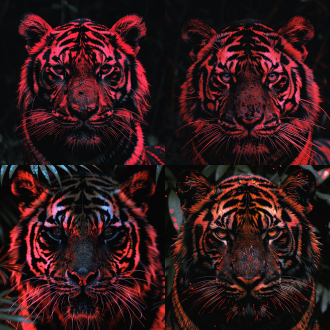 老虎融入第二张图背景，色彩适配背景且清晰，三分法布局，自然环境，长焦镜头，逆光，静态，和谐，暖绿主调。