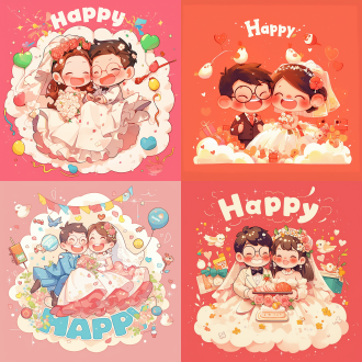 《喜》字主题插画 设计亮点： 字形变形：将「喜」字变成胖乎乎的卡通字体，笔画末端加上圆润的小爱心❤️，双「喜」中间坐着一对穿中式礼服的q版新人（女孩头顶红盖头，男孩戴圆框眼镜）。 背景： 粉色云朵状边框，四周飘着撒糖的小喜鹊。 底部堆满卡通版婚礼元素：小鞭炮、糖葫芦、带笑脸的汤圆。 动态细节：喜字顶部冒出一串跳动的小灯笼（可做gif动效）。 配色：草莓红（#ff6b8b）+ 奶黄（#fff5c2）