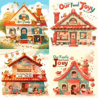 《吾家有喜》主题文字设计 设计亮点： 画面构图：文字用圆滚滚的毛笔字体，藏在卡通版「小房子」里（屋顶是红色瓦片，烟囱冒出爱心烟雾）。 互动元素： 窗户里探出猫猫狗狗的头（戴蝴蝶结和领结）。 门前站着新人q版形象，新娘抛洒花瓣，新郎举着“吾家有喜”的小旗子。 装饰：屋檐下挂满马卡龙色的小灯笼，地面用短绒质感画法表现红地毯。 配色：蜜桃红（#ffaaa7）+ 薄荷绿（#a8e6cf）