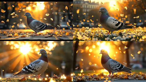 红色鸽子在草坪，三分法构图，中焦镜头，顺光，明亮色调，安静氛围，鸽子悠闲，2k画质。