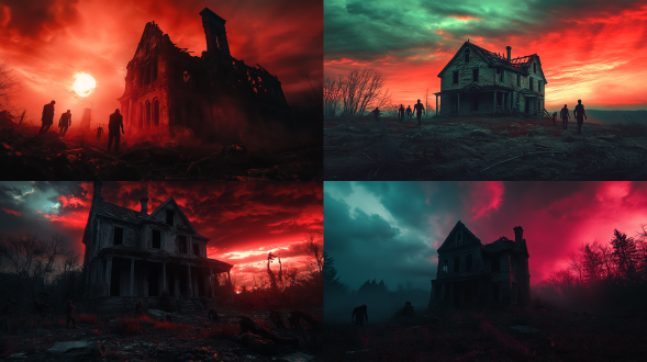 破旧房屋残垣断壁旁几只僵尸，三分法构图，末日氛围，暗红色调，科幻电影风，4k，超广角，逆光，缓慢移动，惊悚。