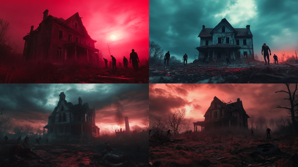 破旧房屋残垣断壁旁几只僵尸，三分法构图，末日氛围，暗红色调，科幻电影风，4k，超广角，逆光，缓慢移动，惊悚。