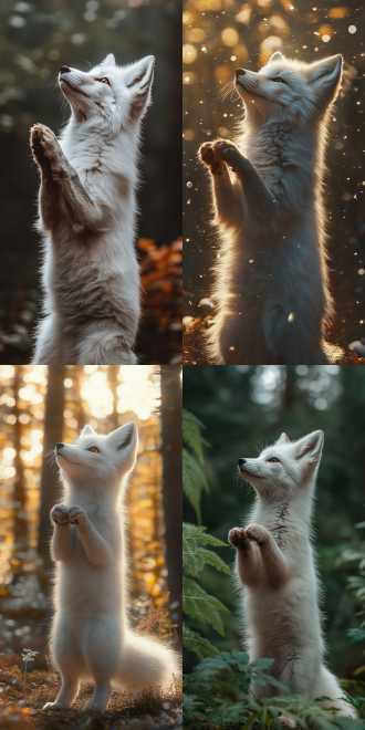 白色狐狸站立双爪合十，特写构图，杂志风，侧光，超高清，森林环境，暖色调，长焦镜头，安静虔诚。