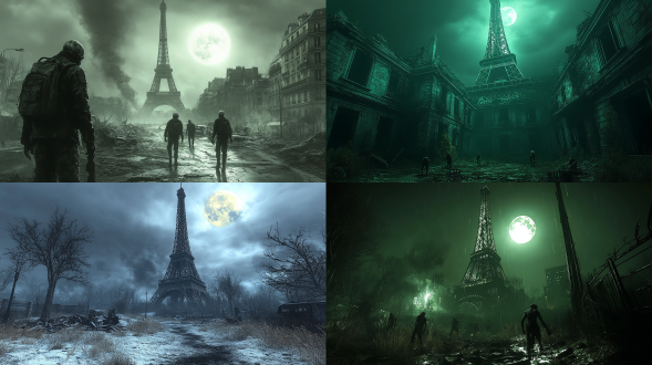 艾菲尔铁塔下明月照残垣，无头僵尸游荡，对称布局，暗色调，超广角镜头，逆光，慢快门，阴森，恐怖末日氛围。