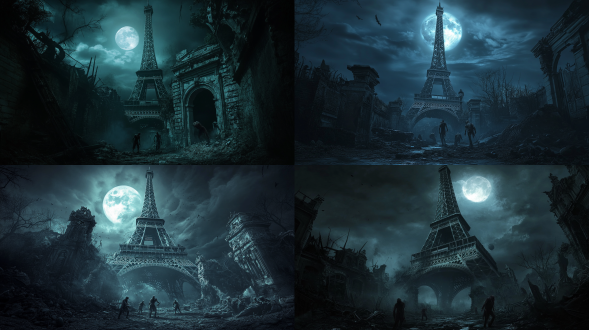 艾菲尔铁塔下明月照残垣，无头僵尸游荡，对称布局，暗色调，超广角镜头，逆光，慢快门，阴森，恐怖末日氛围。