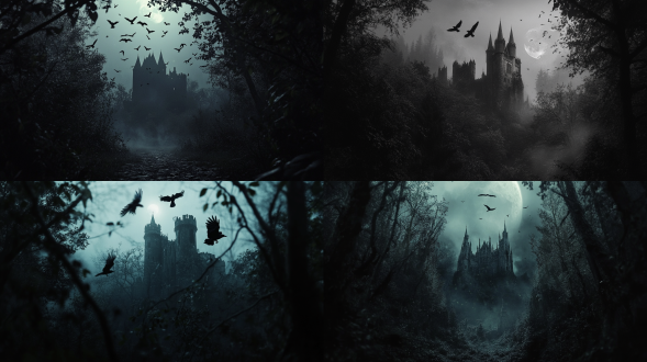 月光下树丛环绕古堡，乌鸦盘旋，对称布局，暗色调，森林环境，长焦镜头，逆光，慢快门，阴森，恐怖，电影风。