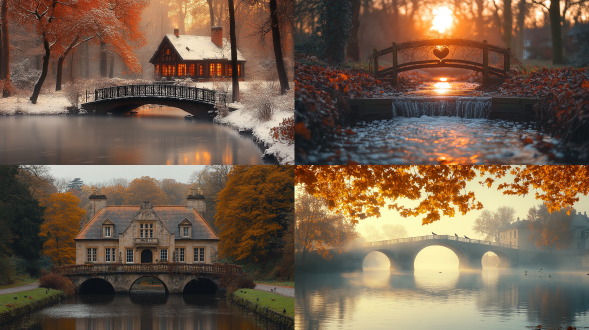 枯藤老树与昏鸦，小桥流水旁人家，三分构图，乡村，复古色调，长焦镜头，逆光，宁静，悠远。