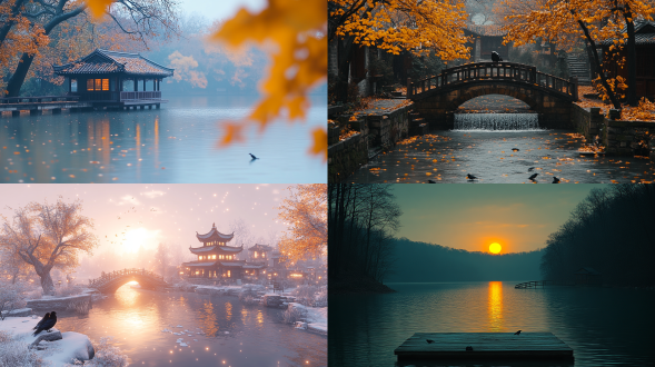 枯藤老树昏鸦与小桥流水人家，三分构图，中国风，电影质感，黄昏暖光，长焦镜头，宁静氛围，蓝黄对比。