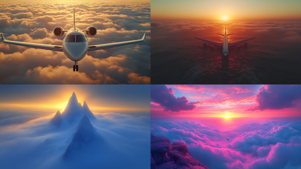 飞机卡在山体，云海环绕如仙境，三分法构图，全景镜头，暖光，高饱和度色彩，梦幻氛围，震撼。