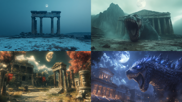 古希腊神殿前哥斯拉咆哮，残月高悬，三分法构图，暗冷色调，超广角镜头，逆光，震撼氛围，神秘奇幻。
