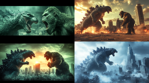哥斯拉与金刚打架，对称构图，城市废墟，冷色调，长焦镜头，顶光，激烈动作，震撼，逼真，宏大场景。
