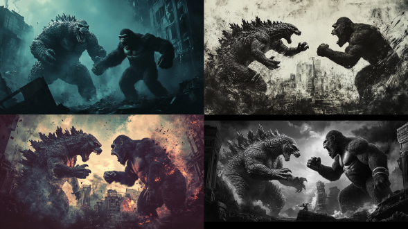 哥斯拉与金刚打架，对称构图，城市废墟，冷色调，长焦镜头，顶光，激烈动作，震撼，逼真，宏大场景。