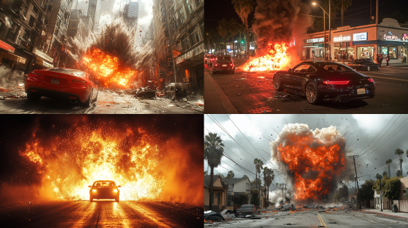 汽车相撞起火爆炸，三分法构图，城市街道，超广角镜头，逆光，长曝光，震撼，红黑主色，灾难大片感。