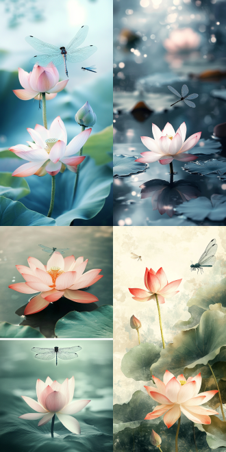 小荷蜻蜓，三分构图，中国风，荷塘，复古色调，微距镜头，顶光，静态，清新，闲适。