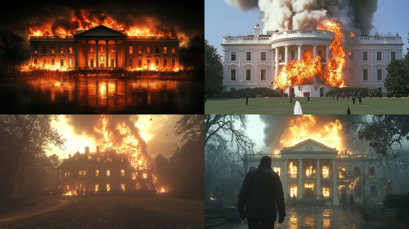 美国白宫起火爆炸，人被炸飞，对称布局，灾难场景，冷色调，长焦镜头，逆光，慢动作，惊恐，好莱坞特效。
