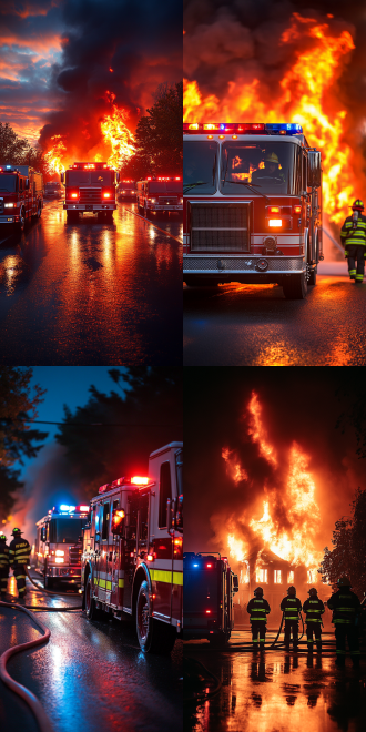 着火住宅前消防车旁消防员救援，三分法构图，暗背景，冷蓝与暖红对比，长焦镜头，逆光，动态，紧张，电影质感。