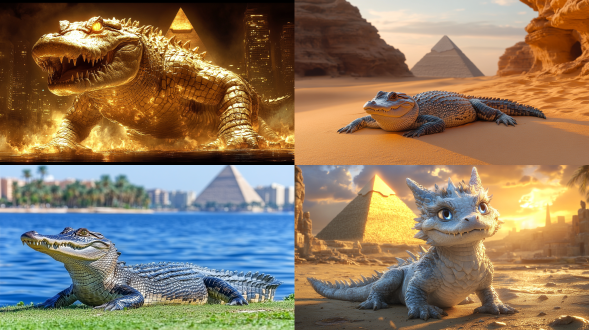 鳄鱼在尼罗河岸边晒太阳，远景金字塔，三分法构图，旅游宣传风，高清，自然光，长焦镜头，暖黄调，宁静。
