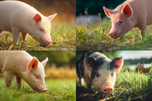 花色猪在草地吃草，三分法构图，清新自然风，户外草地，长焦镜头，顶光，慢快门，咀嚼，可爱，暖绿与粉白配色。