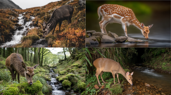 高山溪流旁梅花鹿饮水，三分法构图，自然环境，长焦镜头，顶光，慢快门，平静，暖绿冷蓝调，纪录片质感。