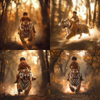 男孩骑老虎，中心构图，森林环境，暖棕色调，长焦镜头，逆光，动态模糊，男孩兴奋，老虎威武。