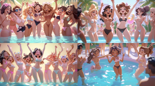 夏日派对海报，居中构图，色彩鲜艳，户外泳池边，超广角镜头，顶光，人们欢呼跳舞，动感活力，暖色系。