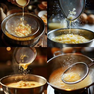 俯视视角的美食摄影，聚焦于精心准备的家庭菜肴过程。画面中心是一只精致的不锈钢筛网，鸡蛋液从滤网过筛用来蒸鸡蛋羹，每一滴液体落下时，细微的气泡破裂声仿佛都能被听见。蒸碗底部巧妙地铺上了防粘的烘焙纸，确保食物完美脱模。虾皮粉如同初冬的雪花，均匀地撒落在蛋液表面，增添了一抹诱人的香气。厨房背景温馨而忙碌，各种厨具和食材有序摆放，营造出家庭烹饪的亲切氛围。采用自然光源，光线柔和地照亮整个场景，强调食物的质感和色彩。close-up macro shot，捕捉食材的每一个细节，展现出家庭烹饪的魅力。