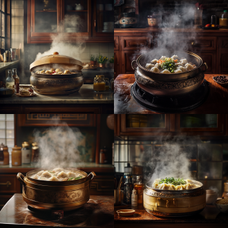 中国传统厨房氛围的美食摄影，采用上帝视角捕捉家庭烹饪的温馨瞬间。画面中心是一口古铜色铁质蒸锅，锅盖边缘蒸汽缭绕，热气腾腾，仿佛能闻到食物的香气。锅内隐约可见竹制蒸笼，蒸笼里摆放着各式各样的食材，如鲜嫩的蔬菜、饱满的饺子或是晶莹剔透的糯米团。厨房背景充满生活气息，木质橱柜上摆放着调料瓶罐，瓷砖墙面反射出柔和的灯光。整个画面采用暖色调，营造出家的温暖与舒适，让人感受到厨房里的烟火气和生活的美好。high-definition realistic photography，自然光线与阴影交织，增添画面层次感。