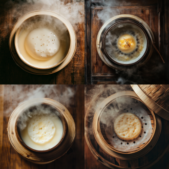 俯视角度的美食摄影，聚焦于传统中式厨房的一幕。蒸锅内热气腾腾，蒸汽从锅盖边缘细腻的缝隙中轻轻逸出，营造出一种温馨而充满生活气息的氛围。锅中放置着一只精致的瓷碗，碗口覆盖着一层透明的耐高温保鲜膜，膜上均匀地排列着三个由牙签精心扎制的小孔，既保证了蒸汽的流通，又防止了水珠滴落影响食物口感。碗内是细腻嫩滑的蛋羹，表面光滑如镜，色泽温润，让人垂涎欲滴。背景简约，以木质桌面作为衬托，增添了几分自然质朴之感。采用高清摄影技术，微距镜头捕捉每一处细节，展现食物最真实、最诱人的状态。