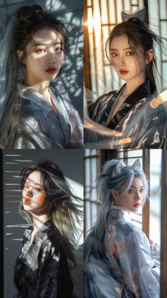 东亚致命女郎超写实肖像，现代首尔风狼尾灰棕挑染，汉服丝袍配全息袜，工作室，和纸门投影，85mm镜头，相移多普勒光，黄金比例，k美妆容