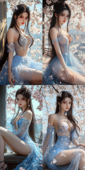 站立人物大长腿配高跟鞋，古风场景，三分与中心构图，冷色调，长焦镜头，表情优雅，侧光，静态，古风服饰。