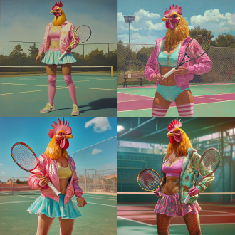糖果色运动外套吊带内衬配短裙，长筒袜穿着的家禽，拿着网球拍站在网球场挥洒汗水
