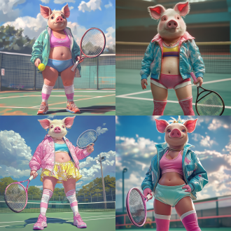 糖果色运动外套吊带内衬配短裙，长筒袜穿着的猪，拿着网球拍站在网球场挥洒汗水