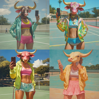 糖果色运动外套吊带内衬配短裙，牛头人身蛇尾形象，拿着手机站在网球场自拍