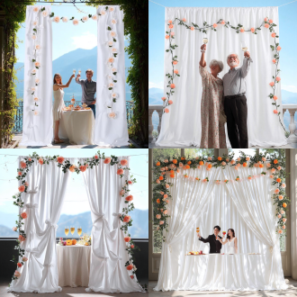 一对欧美恋人（真人）在白色的布帘中间，相拥举杯看着前面，人物面部轮廓清晰，所有人物展示全身图，攀爬月季花覆盖元素，全景视角，现实主义，色彩鲜 艳，阳光明媚，高分辨率细节对比度，自然色，梦幻氛围。一张放着甜品鲜花的桌子，用索尼a3相机拍摄，摄影，广角大镜头