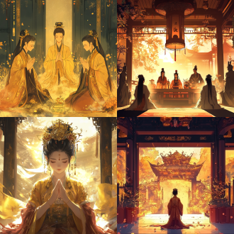 中国传统文化动漫风，对称构图，古风场景，暖黄主调，赛璐璐风格，长焦镜头，顶光，人物作揖，典雅元素，祥瑞氛围。