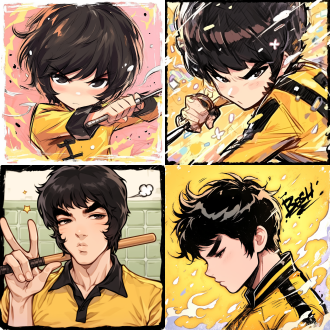 bruce lee wields a nunchaku, with a flat wind style, centered composition, blue and yellow color scheme, cool expression, dynamic blur, vector art style, suitable for t-shirt graphics.