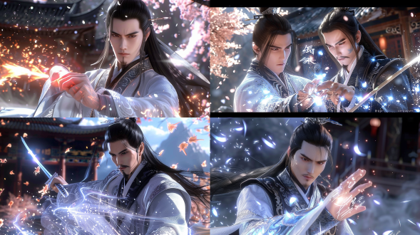 qi jingchun散成星尘粒子，chen ping'an持剑剪影于水墨背景，星轨构成书法，对角线布局，8k，电影景深，动漫光，动态，奇幻。