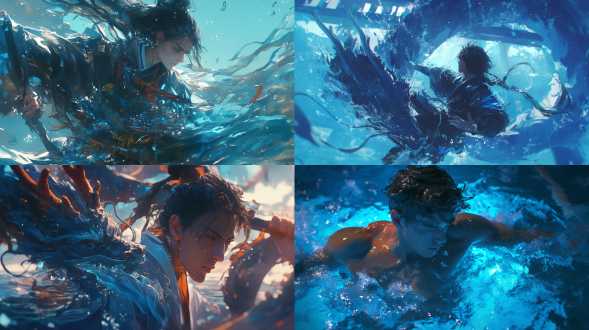 a picture full of stories, gopro, dynamic blur, long exposure, close up, a handsome long hair asia man wearing tangdynasty is in batle, in the middle of blue water flow, covered with water, a water dragon around the body, martial arts action, in the style of ethereaportraiture, by polina washington, chinese style, playing the light and shadow, bauhaus photography, fuj, 28mm.nypercolorful dreamscapes, camille claudel, selective focus, cyan
